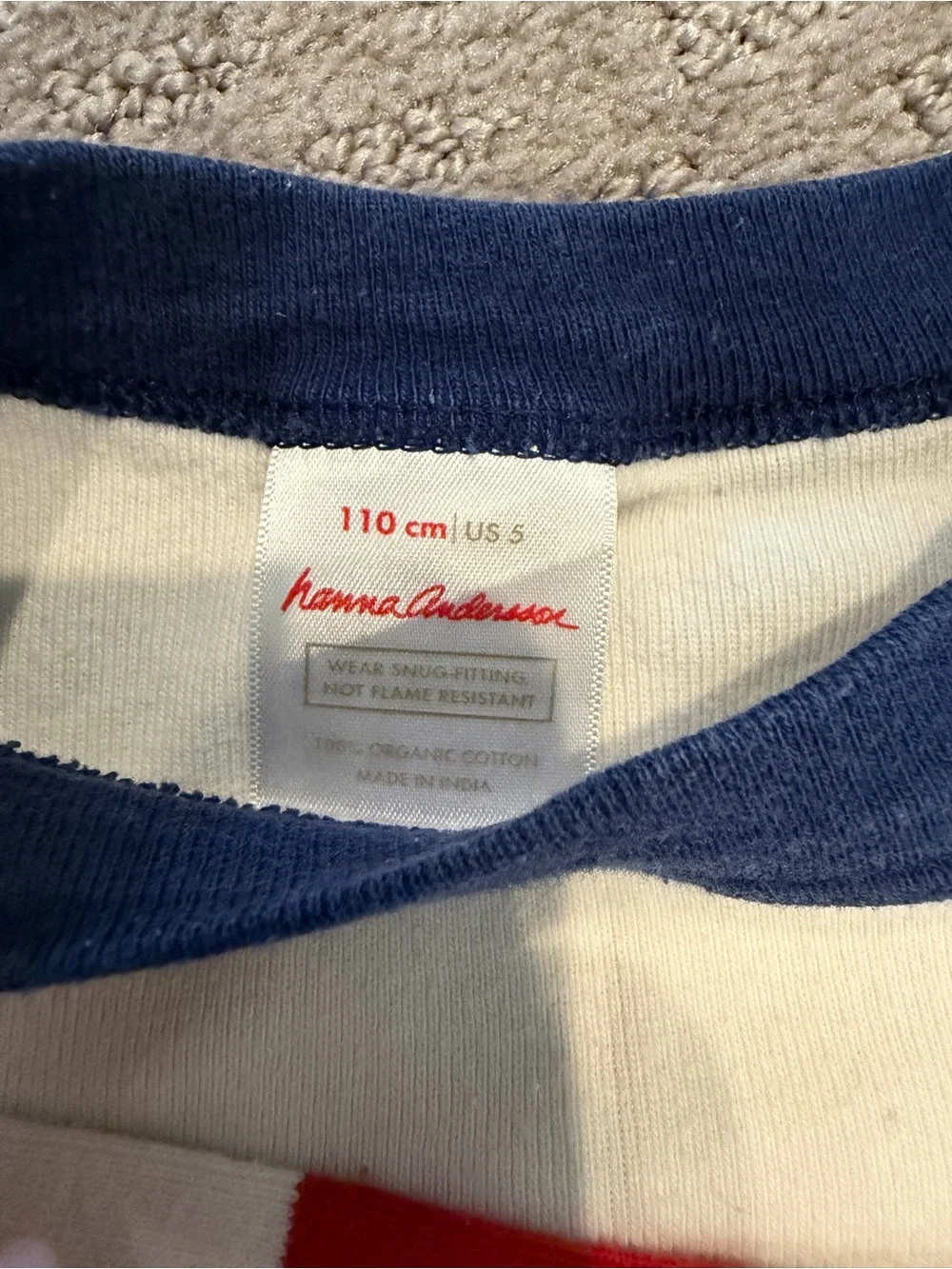 5 Hanna Andersson Red & White Reindeer Stripe Pajama Set with Navy Trim